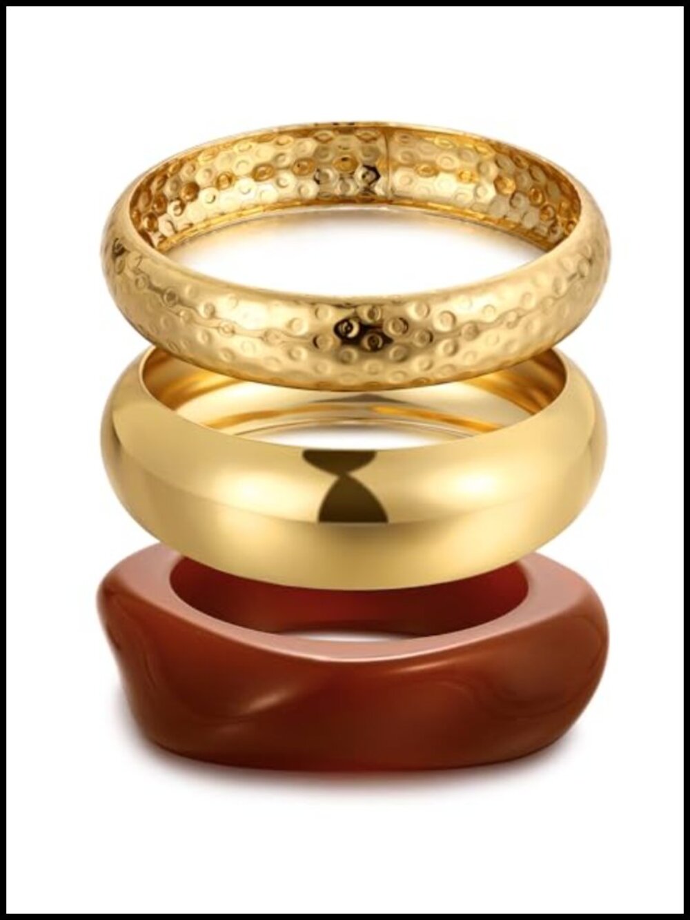 Chunky Gold Bangle Bracelets for Women, 14k Gold Plated Stackable Set of 3,